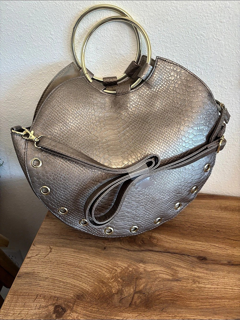 Textured Ring Handle Shoulder Bag in Metallic